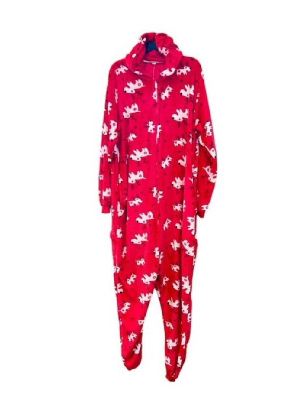 Reindeer Print One Piece PJ Men Size XL Christmas Red Hooded Flannel Drop Seat